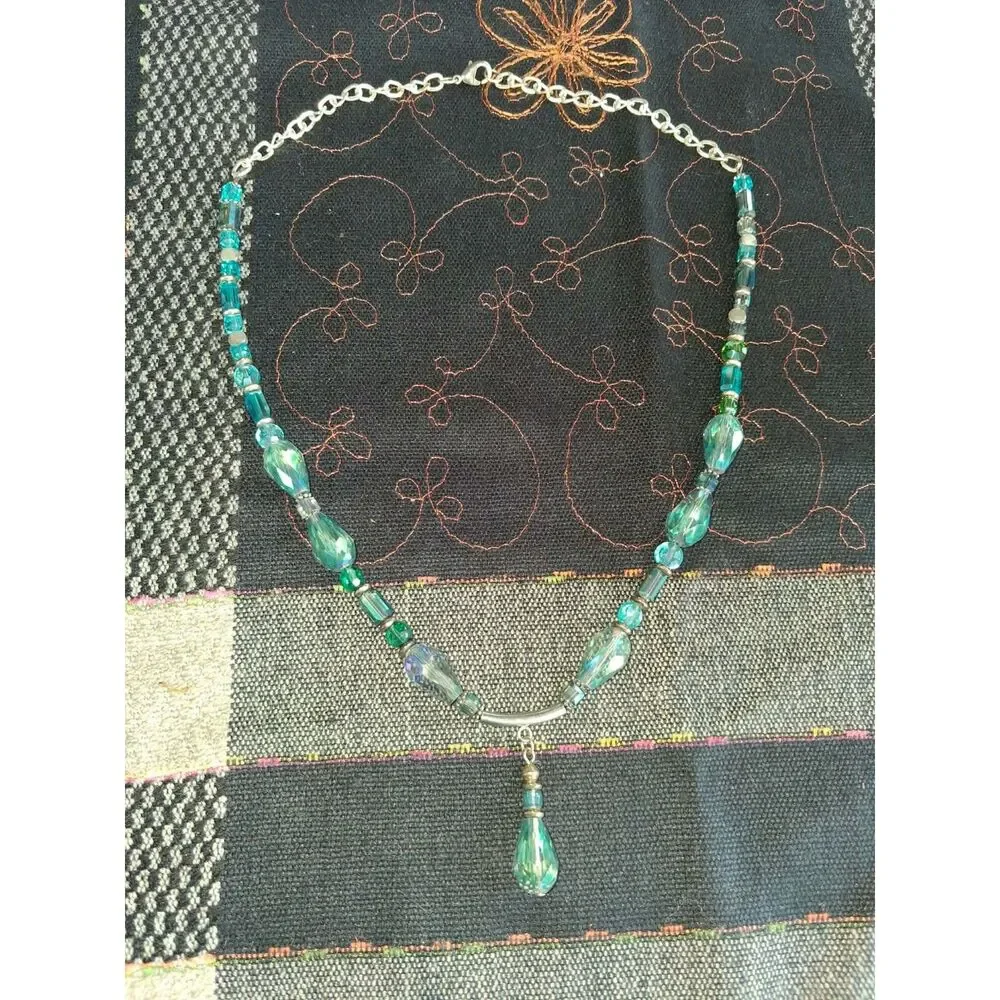OOAK Handmade Aqua Teal Faceted Beaded Necklace Crystal Teardrop Silver Tone